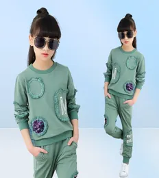 Barnkläder Nya våren Teen Girls Clothes Set paljett Långärmad toppar 2 PCS Kids Tracksuit Girls Sports Suits 413 Y3959633