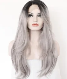 Ombre gris 2 tonos peluca delantera de encaje sintético raíces oscuras largas naturales rectas gris plata reemplazo pelucas de cabello para mujeres calor Resi9876803