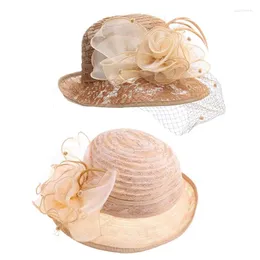 Berets Frauen Retro Spitze Cloche Hut Elegante Mesh Schleier Floral Roll Up Krempe Sonnenschutz Faltbare Hochzeit Fascinator Kappe