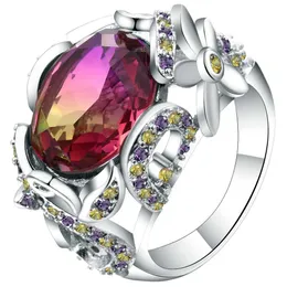 Кольца полосы hainon Rainbow Cubic Циркониевые цветочные кольца серебряный цвет кластер в стиле AAA CZ Ring Cring Luxury Party Размер ювелирных украшений 6-10L240105
