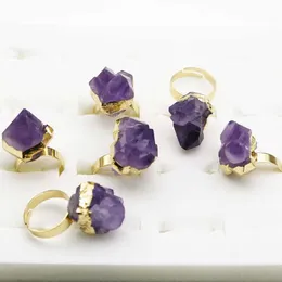 Band Rings Natural Stone Amethyst Irregular Opening Rings Cluster Rough Gold Plated Women Reiki Charm Healing Personality Jewelry Gift 8PcsL240105