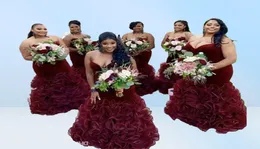 Burgundy Bridesmaid Dresses Organza Ruffle African Pron Gowns Wedding Guest DressesS trapless Velvet Laceup Backless Evening Dres25800367