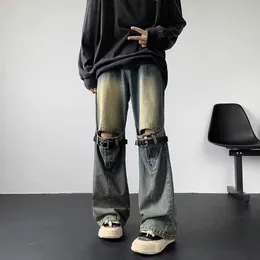 Męskie dżinsy High Street Vibe Pants Trendy Pasp Design z mikro szalejącym zamkiem błyskawicznym Oddzielenie odzieży roboczej prosta noga