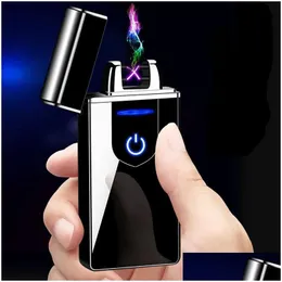 Lighters Windproof Usb Electric Lighter Metal Finger Print Touch Fire Plasma Dual Arc Led Power Display Smoking Supply Mens Gift Drop Otnj4