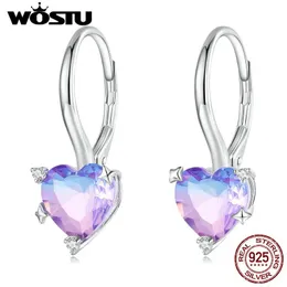 Ringar Wostu Sterling Sier Blue Purple Rainbow Heart Hoop örhängen för kvinnor Sweet Romantic Drop Pendiente nyårsmycken gåva
