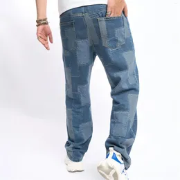 Jeans para hombres Hombres Parche Pantalones holgados Masculino Elegante Profundo Luz Azul Color Bloque Costura Suelta Hip Hop Pantalones de mezclilla rectos Streetwear