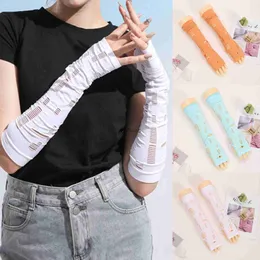 Arm Leg Warmers Fingerless Gloves Ice Silk Sunscreen Sleeves For Women Cycling Sports Elastic Ripped Long Quick-drying Sweat-absorbent Sleeve Cover YQ240106