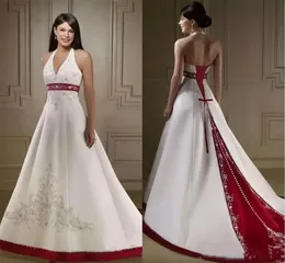 2024 우아한 고삐 넥 웨딩 드레스 자수 스윕 트레인 흰색과 빨간 코르셋 커스토