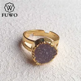 Band Rings FUWO Wholesale Natural Drusy Quartz RingsGolden Plated Round Shape Geode Cluster Rings Adjustable Size 5Pcs/Lot RG006L240105