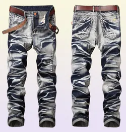 Mode deser mens jeans tvättade vintage byxor för män kläder smala passade lång klassisk jean8201703