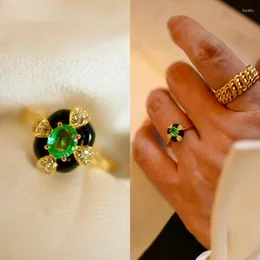 Anelli a grappolo Anello gioielli in agata nera con zircone verde moda retrò europea e americana per le donne Regalo di anniversario di fidanzamento della sposa