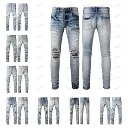 designer amirs Heren Heren Jeans High Street Paarse Jeans voor heren Borduurbroek Dames Oversize Ripped Patch Hole Denim Straight 6398 531