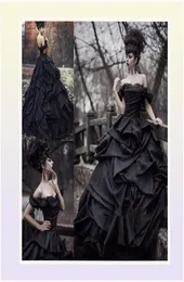 빈티지 블랙 볼 가운 웨딩 드레스 어깨에서 오 밖의 긴 계단식 주름과 루치 고딕 신부 가운 2022 ME7181220