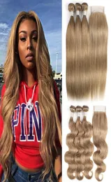 KissHair Color 8 Light Brown Ash Blonde Brazilian Body Wave Straight Hair Bundles with Closure 100 Human Hair Extension3675676