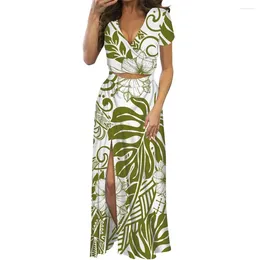 Arbetsklänningar Summer Ladies Beach Party Sexig Bodycon Split Side Polynesian Tribal Hawaiian Clothing Samoa Tropical Print Puletasi Dress Set