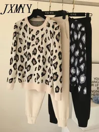 Streetwear Leopard stampato maglia due pezzi abito da donna manica lunga O-Collo maglione top tinta unita pantaloni harem tuta casual 240105