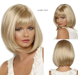 Blond syntetisk peruk med Bangs Simulation Human Hair Bobo Wigs For White and Black Women Pelucas 7524401514