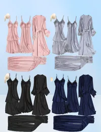 Conjunto de pijamas de renda de cetim feminino 5pc cinta superior calças sleepwear terno primavera outono pijamas casa wear nightwear robe vestido mxxl5651843