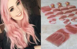 Fasci di capelli umani vergini brasiliani dell'onda del corpo con chiusura in pizzo Estensioni del tessuto dei capelli Remy non trattati di colore rosa baby Oro rosa T7800635