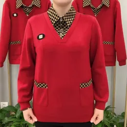 Vintage feminino xadrez splice falso duas peças camisa polo primavera outono bolso manga longa tshirt solto moda casual pulôver topos 240106