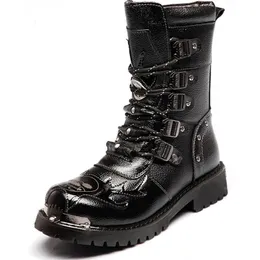 Mens Metal Gothic Mid-Calf Boots Punk Retro Leather Motorcycle Boots Male ShoesArmy Boots Men Military Boots Cowboy Snow Boots 240106