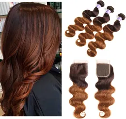 Цветные бразильские темно-коричневые человеческие волосы Ombre 3 пучка с застежкой Двухцветные бразильские 430 объемные светлые волосы с Clo3911486
