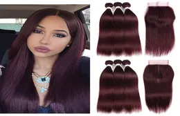 99j Colored Human Hair Bundles with Closure 부드러운 스트레이트 스트레이트 99J 다크 와인 붉은 색 브라질 머리 직조 프리 컬러 헤어 extens9621744
