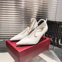 Fashous kadın sandalet pompaları mükemmel bir saplama metal düğmesi İtalyan popüler nokta ayak parmakları clare sling beyaz deri tasarımcı düğün partisi sandalet yüksek topuklu kutu eu 35-42