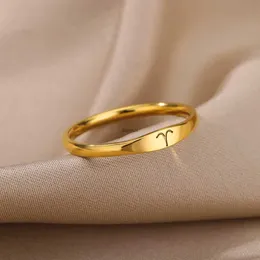 Band Rings 12 Constellations Zodiac Rings For Women Men Aesthetic Gold Plated Stainelss Steel Ring Wedding Jewelry Birthday Best Gift BagueL240105