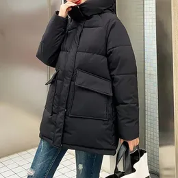 Parkas Otoño Invierno Espesar Cálido Medio Largo Chic Parka Mujer Casual Sweety Color Sólido Gran Bolsillo Suelto Abrigo Con Capucha Chaquetas Outwear