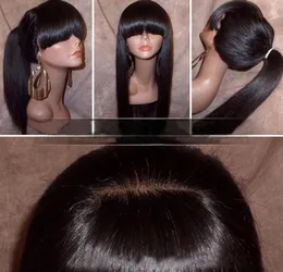 Шелковистый прямой парик фронта шнурка с полной челкой, хвостик, бразильские девственные человеческие волосы, полные парики шнурка для женщин, натуральный цвет1515663