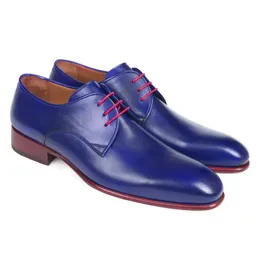 Vestido masculino azul genuíno de couro pontiagudo de cabeça no negócio de festas confortáveis gentleman moda derby sapatos 240106