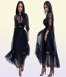 Siyah Polk Nokta Mesh Büyüleyici Kadınlar Parti Elbiseleri Seksi Dön Boyun Uzun Kollu Bir Çizgi Gece Kulübü Gündelik Elbise ayak bileği 8516080
