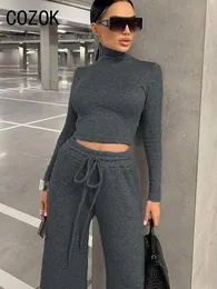 Cozok Spring 2 Piece Sets Women Tracksuit Turtleneck Long Sleeve Crop Top Drawstring Wide Leg Pants Fashion Matching Suit 240105