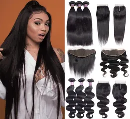 10a Human Virgin Hair Brazilian Remy Straight 28 30 Bunds med spetsstängning Body Deep Water Wave Jerry Kinky Curly Weft och 13x47314329