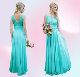 2019 Nuevos vestidos de dama de honor de color verde azulado Scoop A Line Gasa de encaje V Sin espalda Vestidos de damas de honor largos y baratos para la boda BA15133174674