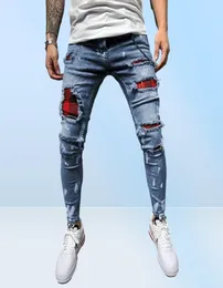 Homens cor pura grade jeans cinza retalhos designer hip hop calças fino ajuste elástico estilo hiphop lápis 2204084606297