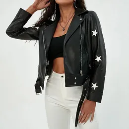 Jaquetas femininas estrela impressa esfrega jaqueta de couro casual lapela legal casaco zip up tiras blusão preto rua