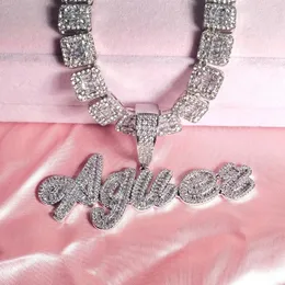 Custom Brush Cursive Iced Out Letter Name Pendant Word Necklace With Rhinestone Baguettes Chain Drop Shiping 240106