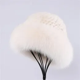 SUPPEV STTDIO Luxury Women's Winter Warm 100% Mink Fur Knitted Bucket Hat Fox Fur Trim Caps Top Beanies Hats 240106