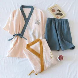 Skirts New Spring and Summer Japanese Kimono Suit Ladies 100% Cotton Crepe Shortsleeved Shorts Pamas Twopiece Set Thin Straps Women