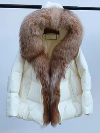 Женская роскошная верхняя одежда с большим воротником из натурального лисьего меха, толстая теплая куртка-пуховик с капюшоном, зимняя куртка для женщин, 90% белый утиный пух Jac 240105