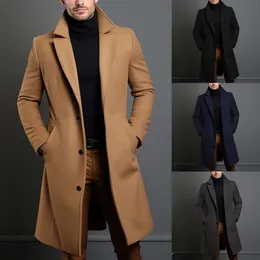 Atutumn Winter Long Warm Wool Trench Coat för män Solid Color Single Breasted Luxury Wool Blends Overcoat Topps Rockar Kläder