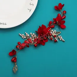 Wedding Hairband Red Flower Pearl Headband Fashion Leaf Shaped Tiaras Luxury Marrige Hair Accessories Crystal Bride Hair Jewelry