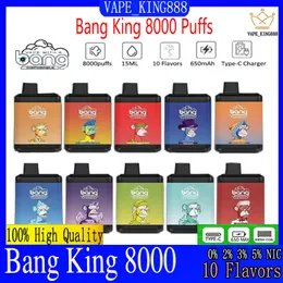 Оригинальная электронная сигарета Bang King 8000 Puffs, одноразовая перезаряжаемая ручка для электронной сигареты, 650 мАч, 15 мл, картриджи, сетчатая катушка, 10 вкусов 0% 2% 3% 5% Bang 8k