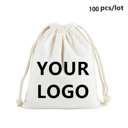 Wholesale 100pcslot Custom Printed Natural Cotton Drawstring Pouch Gift Package Bags Personalize Texts Plain Storage 240106