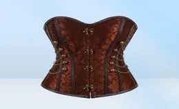 Mulheres Vintage Steampunk Gótico PU Painéis de Couro Jacquard Overbust Corset Top com Correntes e Botões Accent S6XL Plus Size Brown1576218