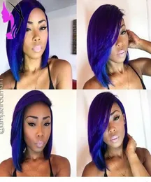 Stock Natural Look Two Tone Ombre Short Wigs For Women Blue Color Spets Front Bob Wig Heat Synthetic Hair 5271002