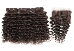 Kisshair Color 2 Darkest Brown Water Wave Bunds med 4x4 spetsstängning Virgin Indian Human Hair Extensions Dubbel wefts7537561