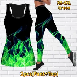 Kvinnors tvåbitar Pants Green Flame Print 2 Set Yoga Fashion Blue Printing Training Tights Fitness Tank Top Set